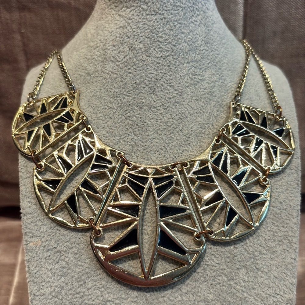 Vintage 90’s Gold & Black Enamel Egyptian Sunburst Panel Statement Necklace 18”
